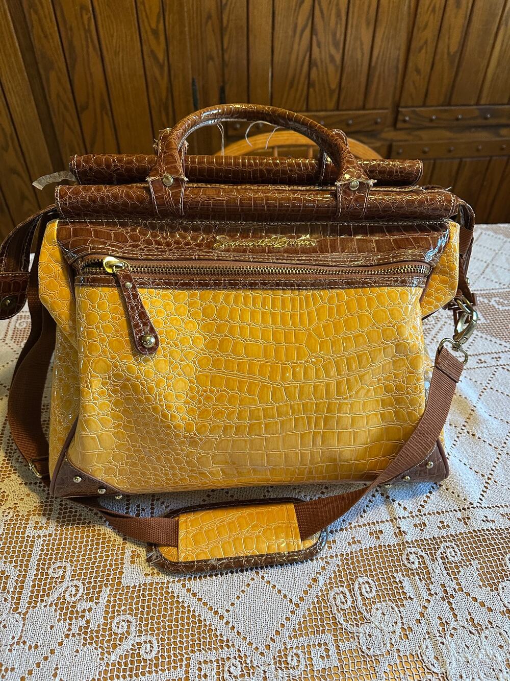 Samantha Brown Croco Embossed Dowel Travel Bag Mustard Yellow Weekender Carry On